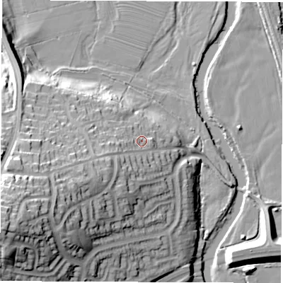 Shaded relief map of the ground around DE222EY, computed from Environment Agency LiDAR. The ground here sits at about 61 m above sea level and falls 40 m across the surrounding 800 m. Surface water reaching this point runs off ground lying to the south-west, 4.7 m higher.