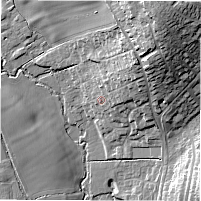 Shaded relief map of the ground around DE222NA, computed from Environment Agency LiDAR. The ground here sits at about 67 m above sea level and falls 31 m across the surrounding 800 m. Surface water reaching this point runs off ground lying to the north-east, 10.5 m higher.