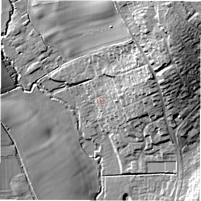 Shaded relief map of the ground around DE222NB, computed from Environment Agency LiDAR. The ground here sits at about 65 m above sea level and falls 30 m across the surrounding 800 m. Surface water reaching this point runs off ground lying to the east-north-east, 11.6 m higher.