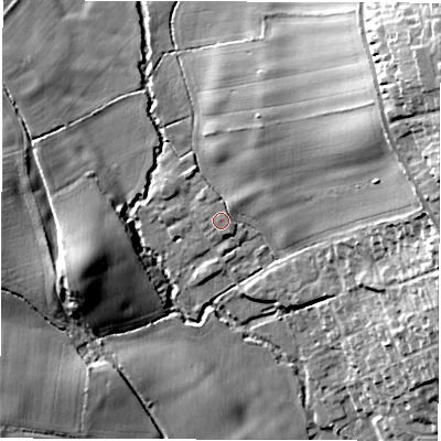 Shaded relief map of the ground around DE222NP, computed from Environment Agency LiDAR. The ground here sits at about 66 m above sea level and falls 26 m across the surrounding 800 m. Surface water reaching this point runs off ground lying to the west-south-west, 0.8 m higher.