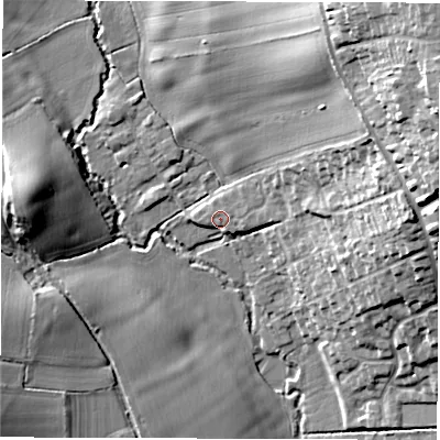 Shaded relief map of the ground around DE222QD, computed from Environment Agency LiDAR. The ground here sits at about 65 m above sea level and falls 29 m across the surrounding 800 m. Surface water reaching this point runs off ground lying to the east-north-east, 24.0 m higher.