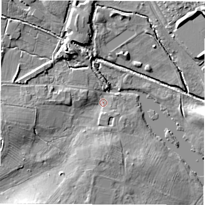 Shaded relief map of the ground around DE223BG, computed from Environment Agency LiDAR. The ground here sits at about 57 m above sea level and falls 17 m across the surrounding 800 m. Surface water reaching this point runs off ground lying to the south-south-west, 10.8 m higher.