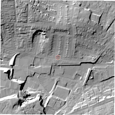 Shaded relief map of the ground around DE223DZ, computed from Environment Agency LiDAR. The ground here sits at about 59 m above sea level and falls 27 m across the surrounding 800 m. Surface water reaching this point runs off ground lying to the north-west, 16.0 m higher.