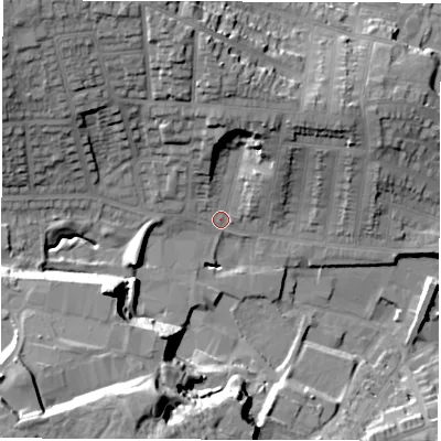 Shaded relief map of the ground around DE223EE, computed from Environment Agency LiDAR. The ground here sits at about 61 m above sea level and falls 29 m across the surrounding 800 m. Surface water reaching this point runs off ground lying to the north-north-west, 15.1 m higher.