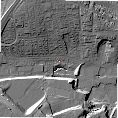 Shaded relief map of the ground around DE223EX, computed from Environment Agency LiDAR. The ground here sits at about 64 m above sea level and falls 30 m across the surrounding 800 m. Surface water reaching this point runs off ground lying to the south-south-west, 22.1 m higher.
