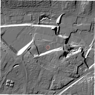 Shaded relief map of the ground around DE223FA, computed from Environment Agency LiDAR. The ground here sits at about 74 m above sea level and falls 30 m across the surrounding 800 m. Surface water reaching this point runs off ground lying to the south-west, 9.2 m higher.