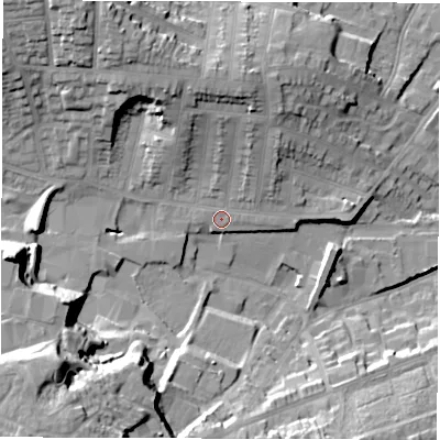 Shaded relief map of the ground around DE223FN, computed from Environment Agency LiDAR. The ground here sits at about 59 m above sea level and falls 28 m across the surrounding 800 m. Surface water reaching this point runs off ground lying to the north-north-west, 16.0 m higher.