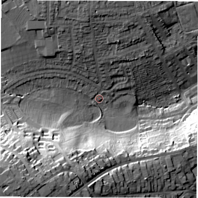 Shaded relief map of the ground around DE223HQ, computed from Environment Agency LiDAR. The ground here sits at about 68 m above sea level and falls 41 m across the surrounding 800 m. Surface water reaching this point runs off ground lying to the south-west, 34.8 m higher.