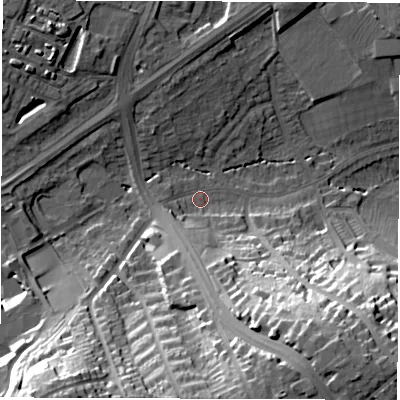 Shaded relief map of the ground around DE223JJ, computed from Environment Agency LiDAR. The ground here sits at about 75 m above sea level and falls 34 m across the surrounding 800 m. Surface water reaching this point runs off ground lying to the south-east, 29.2 m higher.