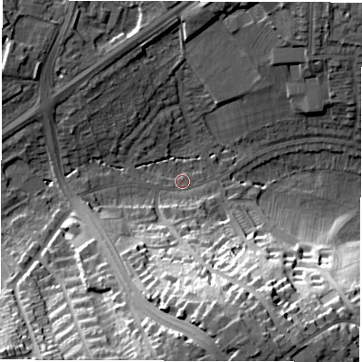 Shaded relief map of the ground around DE223JL, computed from Environment Agency LiDAR. The ground here sits at about 73 m above sea level and falls 35 m across the surrounding 800 m. Surface water reaching this point runs off ground lying to the south, 30.3 m higher.