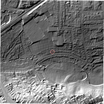 Shaded relief map of the ground around DE223JN, computed from Environment Agency LiDAR. The ground here sits at about 72 m above sea level and falls 36 m across the surrounding 800 m. Surface water reaching this point runs off ground lying to the north, 9.0 m higher.