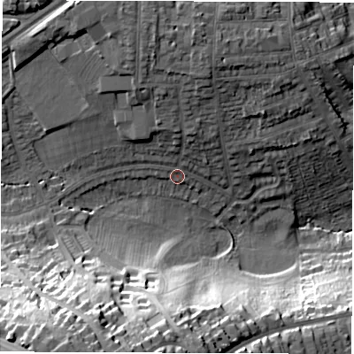 Shaded relief map of the ground around DE223JP, computed from Environment Agency LiDAR. The ground here sits at about 71 m above sea level and falls 41 m across the surrounding 800 m. Surface water reaching this point runs off ground lying to the north-north-west, 9.7 m higher.
