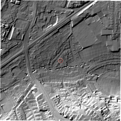 Shaded relief map of the ground around DE223JW, computed from Environment Agency LiDAR. The ground here sits at about 74 m above sea level and falls 34 m across the surrounding 800 m. Surface water reaching this point runs off ground lying to the north-west, 1.3 m higher.