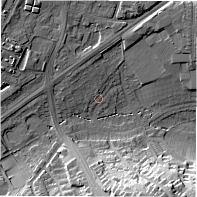 Shaded relief map of the ground around DE223JX, computed from Environment Agency LiDAR. The ground here sits at about 75 m above sea level and falls 32 m across the surrounding 800 m. Surface water reaching this point runs off ground lying to the north-west, 5.0 m higher.