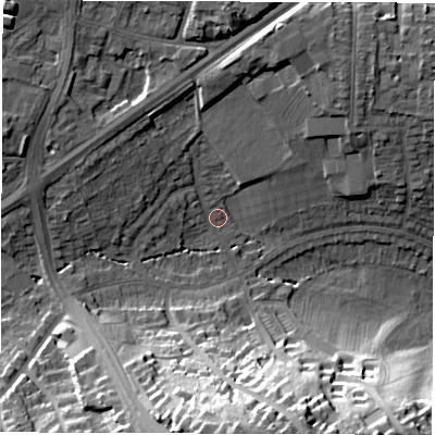 Shaded relief map of the ground around DE223JZ, computed from Environment Agency LiDAR. The ground here sits at about 73 m above sea level and falls 33 m across the surrounding 800 m. Surface water reaching this point runs off ground lying to the west-north-west, 7.8 m higher.