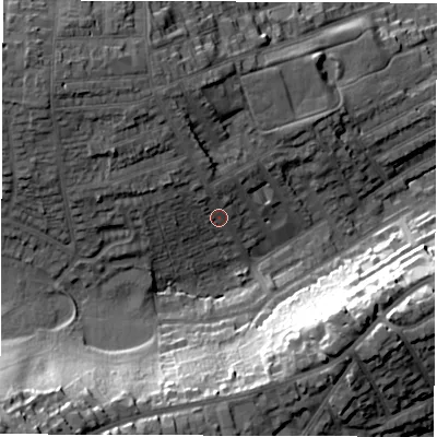 Shaded relief map of the ground around DE223PT, computed from Environment Agency LiDAR. The ground here sits at about 68 m above sea level and falls 41 m across the surrounding 800 m. Surface water reaching this point runs off ground lying to the north-west, 13.1 m higher.