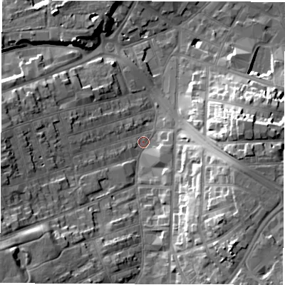 Shaded relief map of the ground around DE223QB, computed from Environment Agency LiDAR. The ground here sits at about 52 m above sea level and falls 22 m across the surrounding 800 m. Surface water reaching this point runs off ground lying to the south-east, 17.1 m higher.
