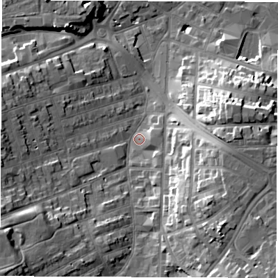 Shaded relief map of the ground around DE223QE, computed from Environment Agency LiDAR. The ground here sits at about 53 m above sea level and falls 23 m across the surrounding 800 m. Surface water reaching this point runs off ground lying to the south-west, 17.4 m higher.