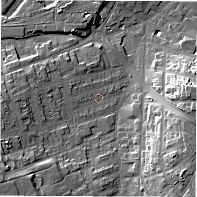 Shaded relief map of the ground around DE223QJ, computed from Environment Agency LiDAR. The ground here sits at about 53 m above sea level and falls 24 m across the surrounding 800 m. Surface water reaching this point runs off ground lying to the west, 11.3 m higher.