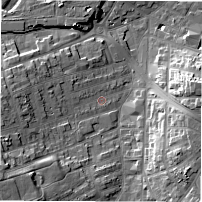 Shaded relief map of the ground around DE223QL, computed from Environment Agency LiDAR. The ground here sits at about 53 m above sea level and falls 24 m across the surrounding 800 m. Surface water reaching this point runs off ground lying to the west, 11.2 m higher.