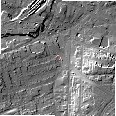 Shaded relief map of the ground around DE223QN, computed from Environment Agency LiDAR. The ground here sits at about 51 m above sea level and falls 22 m across the surrounding 800 m. Surface water reaching this point runs off ground lying to the south-south-east, 17.0 m higher.