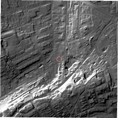 Shaded relief map of the ground around DE223SH, computed from Environment Agency LiDAR. The ground here sits at about 57 m above sea level and falls 35 m across the surrounding 800 m. Surface water reaching this point runs off ground lying to the south-west, 30.8 m higher.