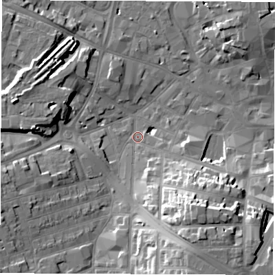 Shaded relief map of the ground around DE223SJ, computed from Environment Agency LiDAR. The ground here sits at about 49 m above sea level and falls 21 m across the surrounding 800 m. Surface water reaching this point runs off ground lying to the south-south-east, 18.9 m higher.