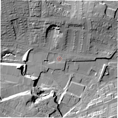 Shaded relief map of the ground around DE223SR, computed from Environment Agency LiDAR. The ground here sits at about 60 m above sea level and falls 28 m across the surrounding 800 m. Surface water reaching this point runs off ground lying to the west-south-west, 20.2 m higher.