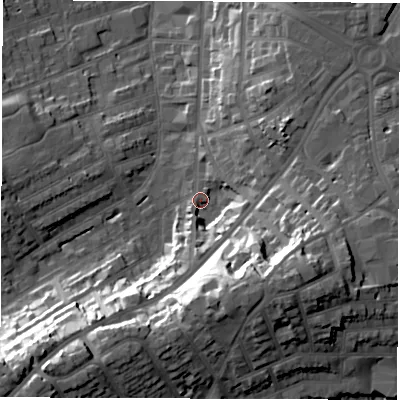 Shaded relief map of the ground around DE223SW, computed from Environment Agency LiDAR. The ground here sits at about 58 m above sea level and falls 35 m across the surrounding 800 m. Surface water reaching this point runs off ground lying to the south-south-east, 24.4 m higher.