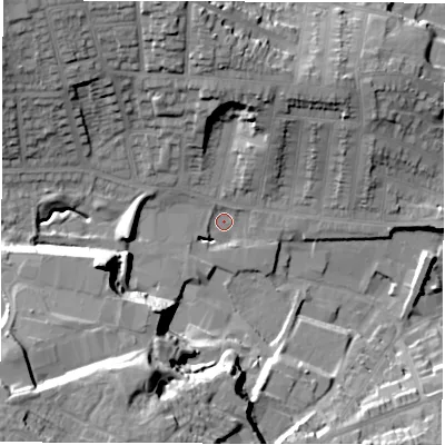 Shaded relief map of the ground around DE223SY, computed from Environment Agency LiDAR. The ground here sits at about 59 m above sea level and falls 29 m across the surrounding 800 m. Surface water reaching this point runs off ground lying to the west-south-west, 22.8 m higher.
