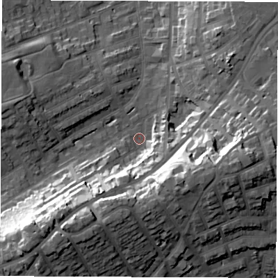 Shaded relief map of the ground around DE223TA, computed from Environment Agency LiDAR. The ground here sits at about 57 m above sea level and falls 34 m across the surrounding 800 m. Surface water reaching this point runs off ground lying to the south-west, 30.1 m higher.