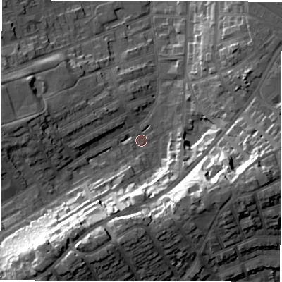Shaded relief map of the ground around DE223TB, computed from Environment Agency LiDAR. The ground here sits at about 57 m above sea level and falls 34 m across the surrounding 800 m. Surface water reaching this point runs off ground lying to the south-west, 30.6 m higher.