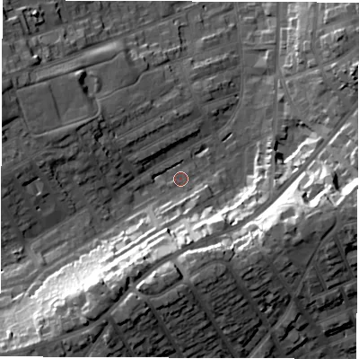 Shaded relief map of the ground around DE223TE, computed from Environment Agency LiDAR. The ground here sits at about 58 m above sea level and falls 33 m across the surrounding 800 m. Surface water reaching this point runs off ground lying to the south-south-west, 29.0 m higher.