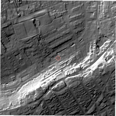 Shaded relief map of the ground around DE223TG, computed from Environment Agency LiDAR. The ground here sits at about 59 m above sea level and falls 33 m across the surrounding 800 m. Surface water reaching this point runs off ground lying to the south-south-west, 28.1 m higher.