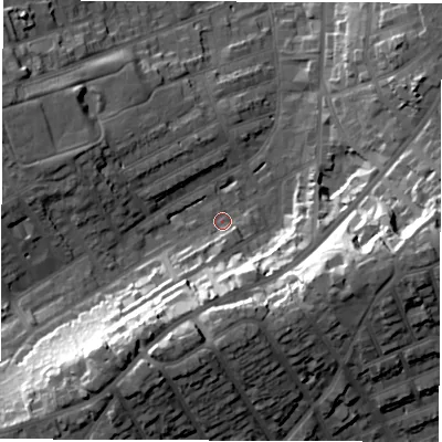 Shaded relief map of the ground around DE223TH, computed from Environment Agency LiDAR. The ground here sits at about 58 m above sea level and falls 33 m across the surrounding 800 m. Surface water reaching this point runs off ground lying to the south-south-west, 21.9 m higher.