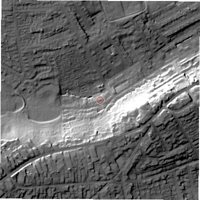 Shaded relief map of the ground around DE223TL, computed from Environment Agency LiDAR. The ground here sits at about 66 m above sea level and falls 42 m across the surrounding 800 m. Surface water reaching this point runs off ground lying to the south-east, 22.4 m higher.