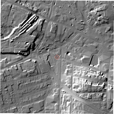 Shaded relief map of the ground around DE223TX, computed from Environment Agency LiDAR. The ground here sits at about 49 m above sea level and falls 21 m across the surrounding 800 m. Surface water reaching this point runs off ground lying to the south-east, 18.7 m higher.