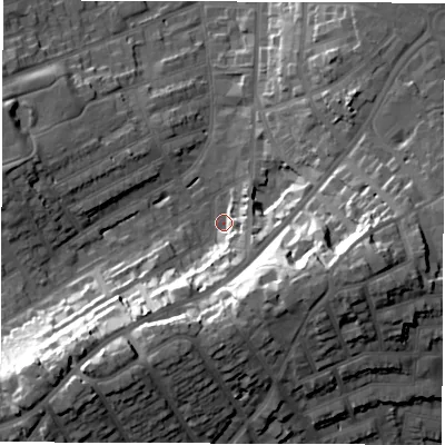 Shaded relief map of the ground around DE223TY, computed from Environment Agency LiDAR. The ground here sits at about 57 m above sea level and falls 34 m across the surrounding 800 m. Surface water reaching this point runs off ground lying to the south-west, 30.1 m higher.