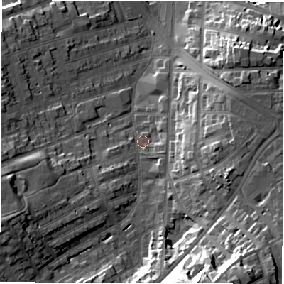 Shaded relief map of the ground around DE223UA, computed from Environment Agency LiDAR. The ground here sits at about 55 m above sea level and falls 33 m across the surrounding 800 m. Surface water reaching this point runs off ground lying to the south-south-east, 26.6 m higher.
