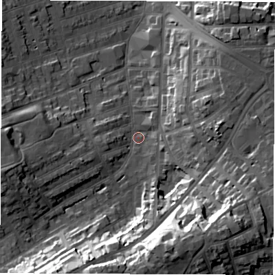 Shaded relief map of the ground around DE223UD, computed from Environment Agency LiDAR. The ground here sits at about 56 m above sea level and falls 31 m across the surrounding 800 m. Surface water reaching this point runs off ground lying to the south-south-west, 26.1 m higher.