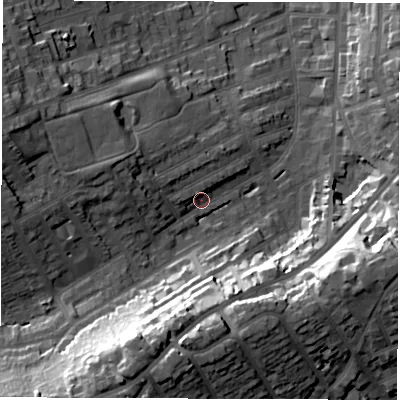 Shaded relief map of the ground around DE223UE, computed from Environment Agency LiDAR. The ground here sits at about 60 m above sea level and falls 34 m across the surrounding 800 m. Surface water reaching this point runs off ground lying to the west-north-west, 10.2 m higher.