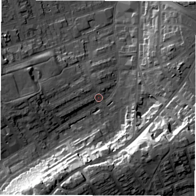 Shaded relief map of the ground around DE223UJ, computed from Environment Agency LiDAR. The ground here sits at about 58 m above sea level and falls 35 m across the surrounding 800 m. Surface water reaching this point runs off ground lying to the west-south-west, 9.0 m higher.