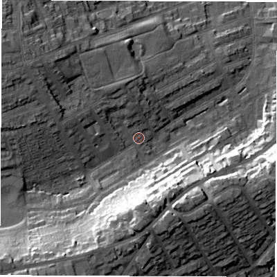 Shaded relief map of the ground around DE223UY, computed from Environment Agency LiDAR. The ground here sits at about 63 m above sea level and falls 34 m across the surrounding 800 m. Surface water reaching this point runs off ground lying to the south-west, 24.7 m higher.
