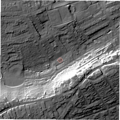 Shaded relief map of the ground around DE223WB, computed from Environment Agency LiDAR. The ground here sits at about 63 m above sea level and falls 39 m across the surrounding 800 m. Surface water reaching this point runs off ground lying to the south-west, 30.3 m higher.