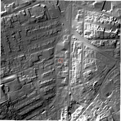 Shaded relief map of the ground around DE223WR, computed from Environment Agency LiDAR. The ground here sits at about 54 m above sea level and falls 28 m across the surrounding 800 m. Surface water reaching this point runs off ground lying to the east-south-east, 15.2 m higher.