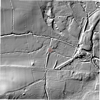 Shaded relief map of the ground around DE224NH, computed from Environment Agency LiDAR. The ground here sits at about 59 m above sea level and falls 19 m across the surrounding 800 m. Surface water reaching this point runs off ground lying to the south-west, 13.7 m higher.