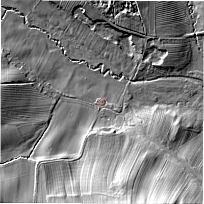 Shaded relief map of the ground around DE225JJ, computed from Environment Agency LiDAR. The ground here sits at about 86 m above sea level and falls 24 m across the surrounding 800 m. Surface water reaching this point runs off ground lying to the south-south-west, 15.4 m higher.