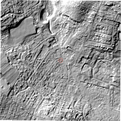 Shaded relief map of the ground around DE231GQ, computed from Environment Agency LiDAR. The ground here sits at about 55 m above sea level and falls 22 m across the surrounding 800 m. Surface water reaching this point runs off ground lying to the west-south-west, 18.8 m higher.