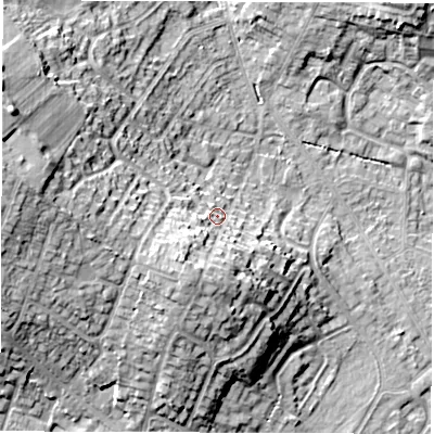 Shaded relief map of the ground around DE231HF, computed from Environment Agency LiDAR. The ground here sits at about 60 m above sea level and falls 22 m across the surrounding 800 m. Surface water reaching this point runs off ground lying to the south-south-west, 9.8 m higher.