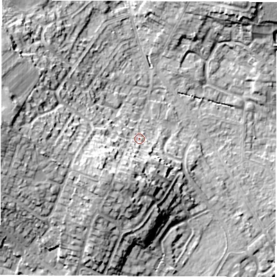 Shaded relief map of the ground around DE231HG, computed from Environment Agency LiDAR. The ground here sits at about 58 m above sea level and falls 21 m across the surrounding 800 m. Surface water reaching this point runs off ground lying to the south-west, 11.1 m higher.